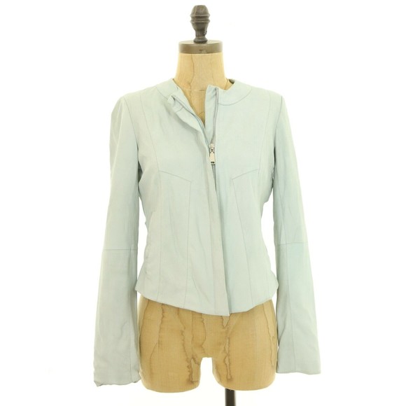 T Tahari Paperweight Lamb Leather Jacket PP Collarless Pockets Ice Blue  B63 - Picture 1 of 5